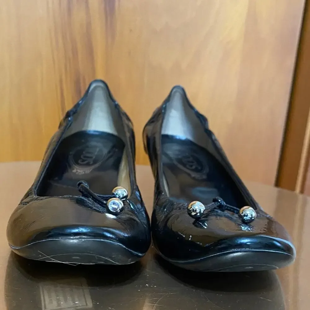 Tod's Black Patent Leather Flats Kitten Heel Tassel Silver Balls w/ Dust Bag - Picture 12 of 13